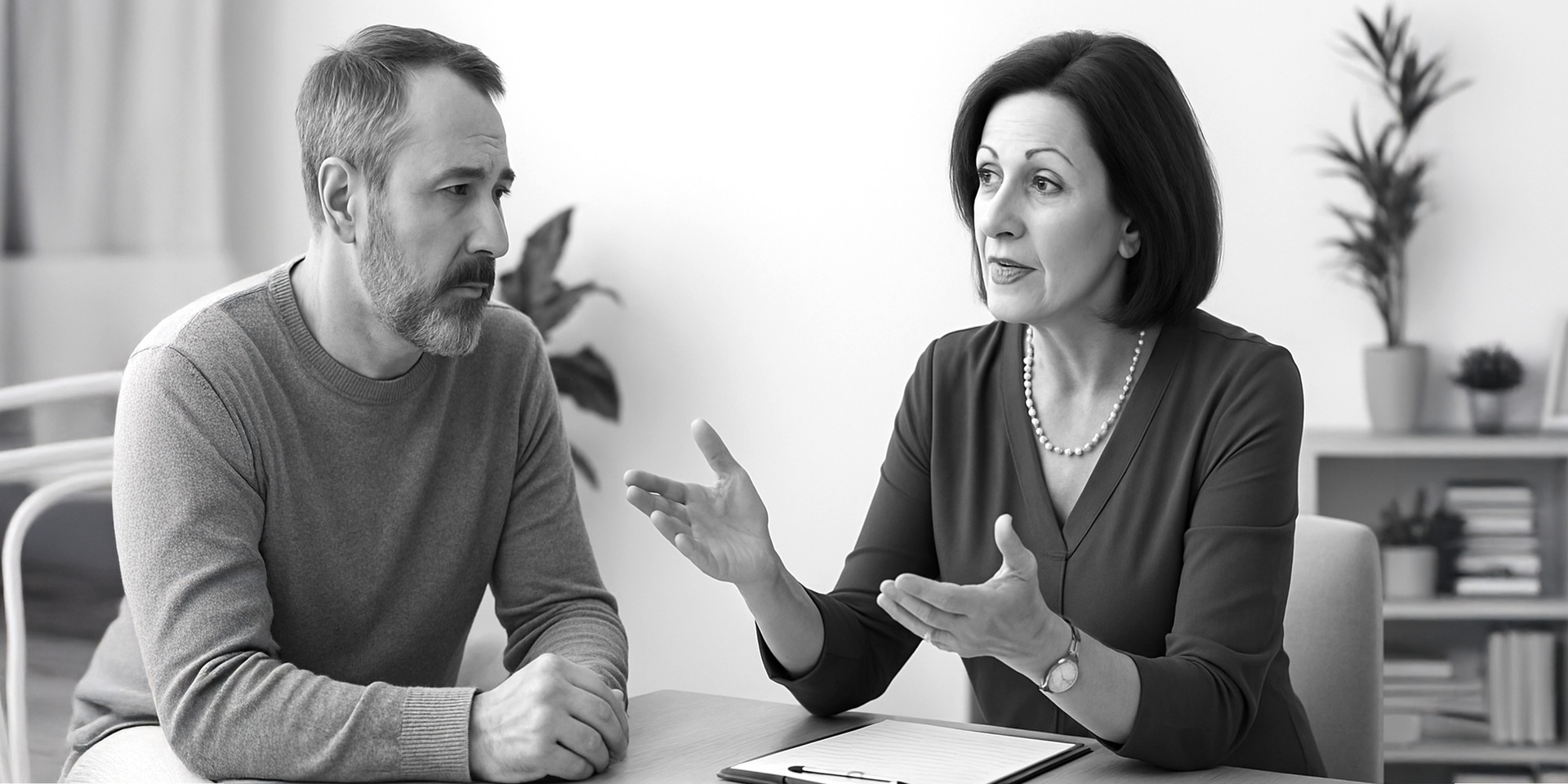 Kobieta trzyma ręce w powietrzu w trakcie rozmowy z mężczyzną